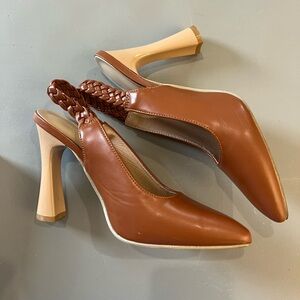 Women's Brown Leather Braided Slingback Pumps